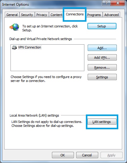 2. بعد از باز شدن پنجره جدید به سربرگ Connections بروید و دکمه LAN settings را انتخاب کنید تا پنجره Local Area Network (LAN) Settings نمایش یابد.